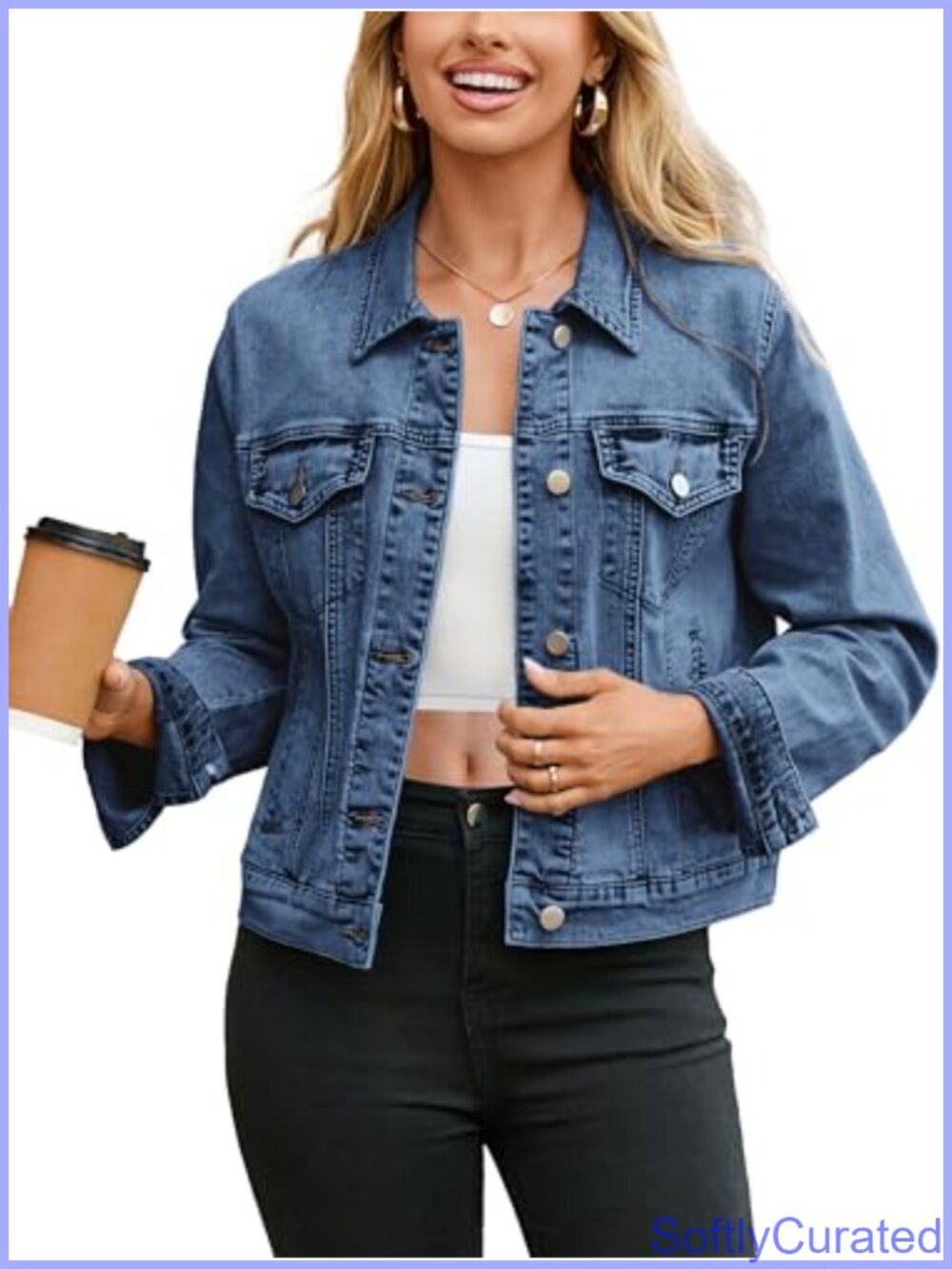 Womens Denim Jacket Long Sleeve Button Down Fitted Western Coat Pockets